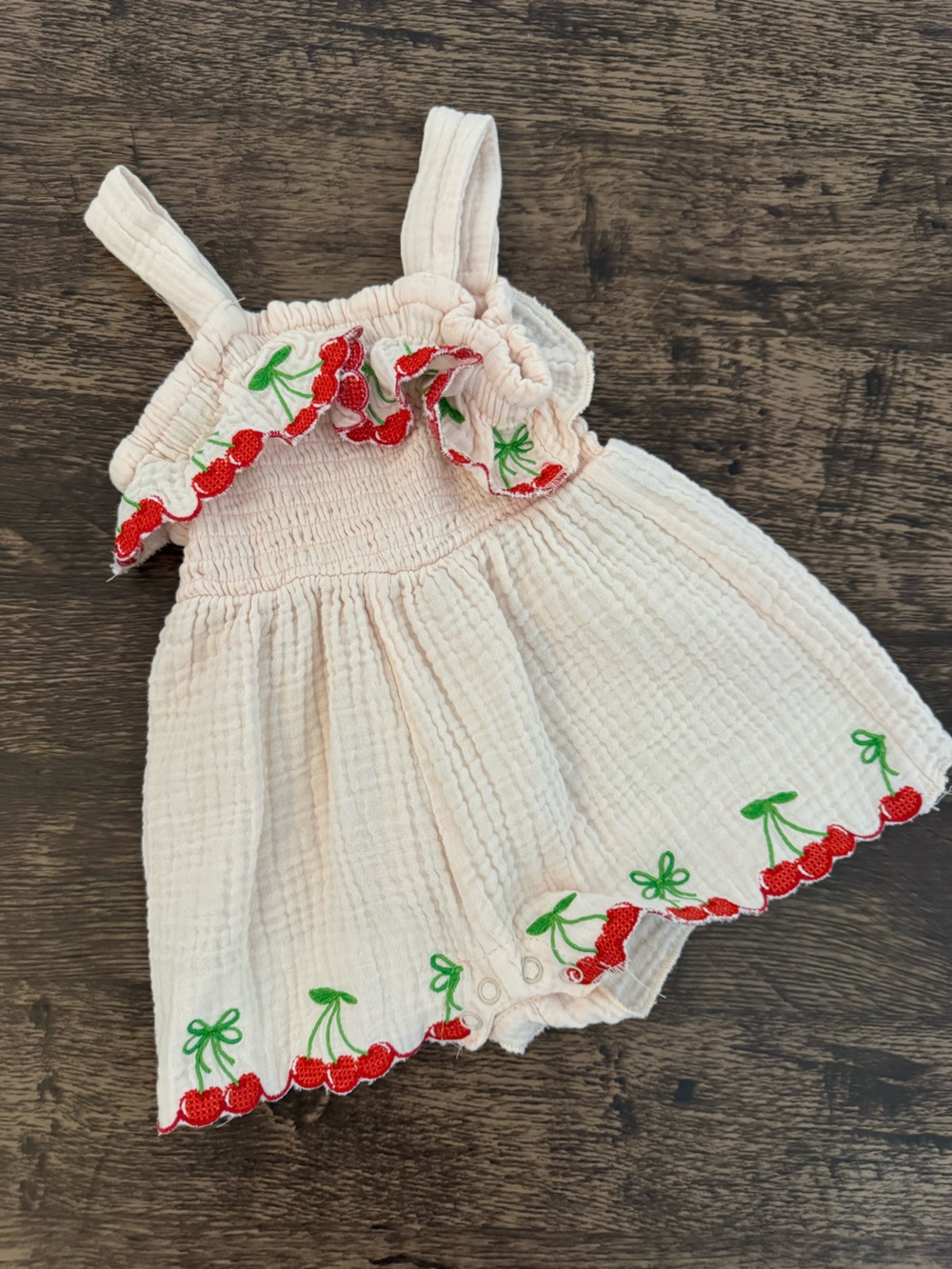 Rare Editions Baby Girl Cherry Embroidered Romper 12M Pink Muslin Ruffle